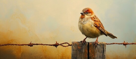 Wall Mural - Small Asian bird sitting on a fence