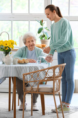 Sticker - Young woman pouring water into glass for her grandmother in kitchen