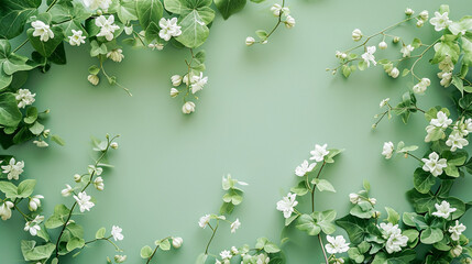  Delicate green ivy and tiny white blossoms on a soft green canvas, wedding, Flat lay, top view, with copy space