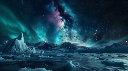 Wall Mural - northern lights arctic ice mountains with milky way galaxy stars night sky (generative ai)