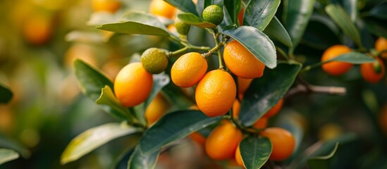 Wall Mural - Citrus fruits, including kumquats, grow on trees with leaves.