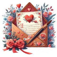 Wall Mural - valentines day letter with roses and hearts