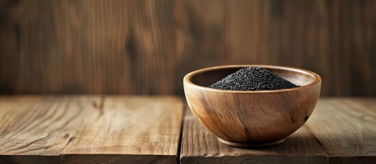 Sticker - Empty wooden table with black sesame bowl, room for text.