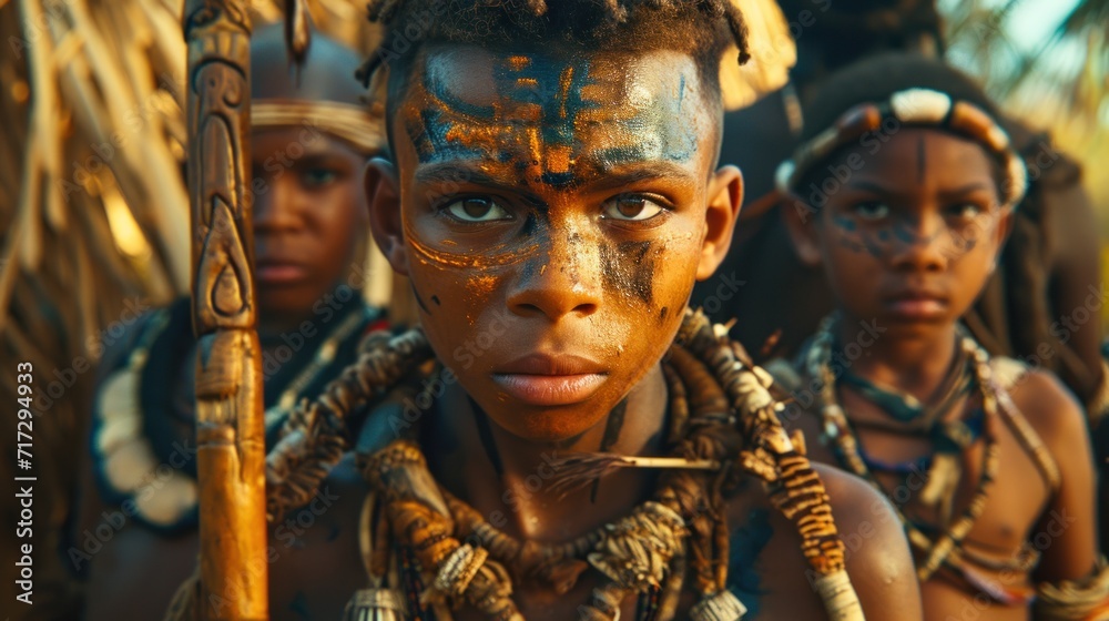 Young men and women from African tribes are half-naked, covered in