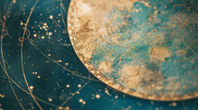 Ancient Star Map Depicting The Movement Of Celestial Bodies, With The World In A Golden Circle, The Earth And The Blue Sea, And Stars In The Background With  Lines. Mystic Wallpaper For Magic Contents