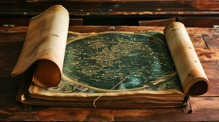 Wall Mural - ancient files of old star maps of the cosmos with constellations drawn on wrinkled and rolled parchm