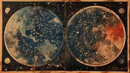 ancient and vintage star map with an old representation of constellations and stars, adorned with go
