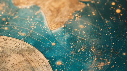 Wall Mural - abstract background in golden and turquoise blue, featuring a map of the sky with stars and the eart