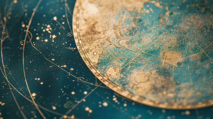 Ancient star map depicting the movement of celestial bodies, with the world in a golden circle, the earth and the blue sea, and stars in the background with  lines. Mystic wallpaper for magic contents