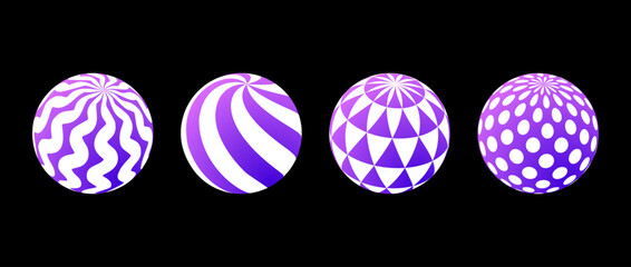 Aufkleber - Collection of spheres with different patterns. Striped, dotted and waved 3d balls set. White and purple geometric elements for design template, icon, logo, banner, poster. Abstract vector globes pack