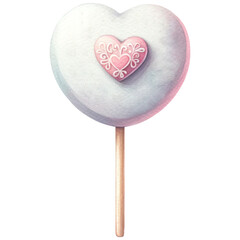 Wall Mural - Pastel Valentine Heart Shaped Cake Pop, Watercolor Sweet Dessert, Isolated on Transparent Background. Generative AI