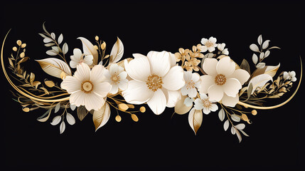 Wall Mural - Floral wedding frame with golden nature. golden flower on black background.