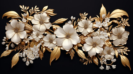 Floral wedding frame with golden nature. golden flower on black background.