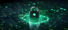 Digital Fortress Emblem Of Cybersecurity On A Circuit Board, Glowing Padlock Symbolizing Robust Cybersecurity, Superimposed Over A Complex Green Circuit Board Network