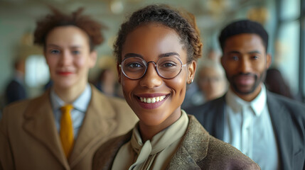 Wall Mural - Close-up view of a smiling and confident white female business executive - CEO - Professor - Office worker - blurred background - motivated professional