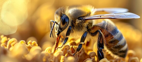 Wall Mural - Beekeeping in Cyprus involves close-up observation of beekeepers tending to natural honey bees in macro insect photography.