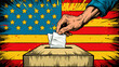 Election illustration - ballot being placed in ballot box - American flag background - patriotic - poll - voting - votes - campaign - politician 