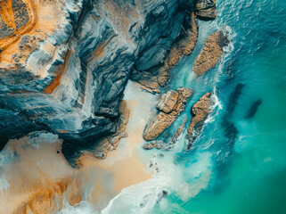aerial landscape of cliffs and a sandy beach island, in the style of dark green and orange, tropical