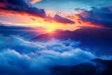 Fototapeta Na sufit - Clouds over the mountains above the sunset, romantic moonlit seascapes, vibrant fantasy landscapes , brightly colored, mist, iconic. 