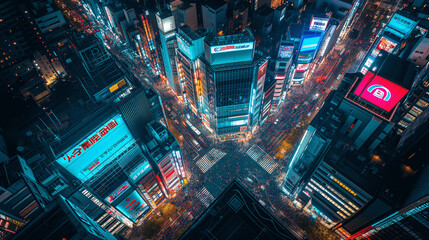 Wall Mural - Aerial View of Bustling City Intersection at Night