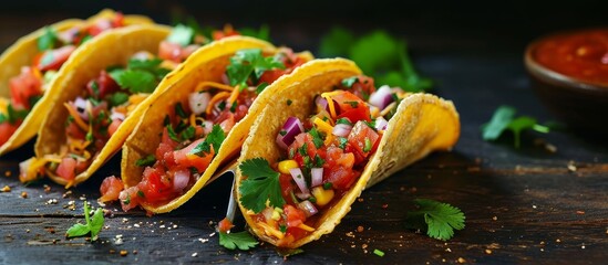 Wall Mural - Vegetable-filled tacos with salsa, perfect for vegetarian snacking.
