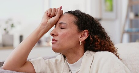 Wall Mural - Frustrated woman, headache and stress on sofa in mistake, burnout or depression in living room at home. Face of upset or tired female person with migraine, pain or fatigue in mental health at house