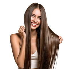 Wall Mural - Beautiful laughing model young woman posing with shiny brown and straight long hair, Keratin straightening, Treatment, care and spa procedures, Smooth hairstyle, isolated on white background, png