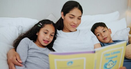 Poster - Book, reading and mother with children in a bed with love, care and bonding in their home together. Night, learning and family cuddle in a bedroom with storytelling, fantasy or teaching with support