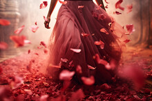 Romantic Red Rose Petals Floating Around A Woman's Dress