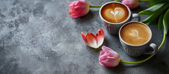 Canvas Print - Valentine's Day: two coffees and a flower on a gray backdrop.