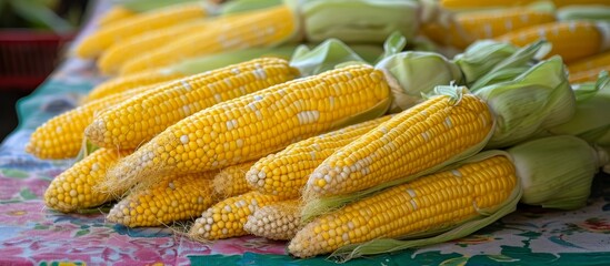 Wall Mural - Multiple baby corn cobs arranged on a table.