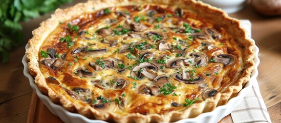 Wall Mural - A tasty morning or mid-morning delight is a quiche with crab and mushrooms.