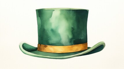 Wall Mural - Minimalist depiction of a green top hat with a gold band and buckle, watercolor illustration. Green St. Patrick's Day illustration background. Card.