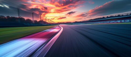 Poster - Motion blurred background of an empty international race track at dusk.