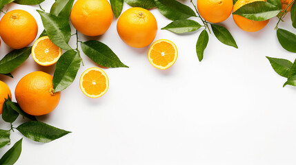 Wall Mural - whole oranges with orange tree leaves on white background