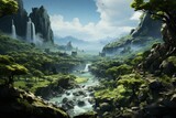 Fototapeta Natura - Green Paradise with Towering Trees, Rolling Hills, and a Gentle Waterfall, on an isolated Shamrock Green background, Generative AI