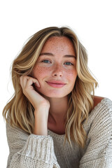 Wall Mural - Freckles blonde young woman, perfect skin smiling, posing and makeup style perfect skin, Facial treatment, Cosmetology, isolated on white background, png