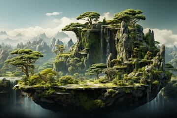 Wall Mural - Picturesque Island with Vibrant Greenery, Towering Trees, and a Gentle Waterfall, on an isolated Moss Green background, Generative AI