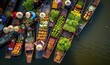 Aerial view famous floating market in Thailand, Damnoen Saduak floating market, Farmer go to sell organic products, fruits, vegetables and Thai cuisine, Tourists visiting by boat, Generative AI