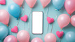 Top view of a mobile phone mockup surrounded by valentine heart shaped balloons.
