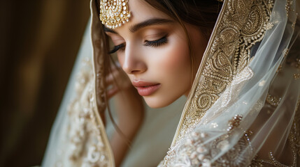 Wall Mural - Hindu veil on a young bride on her wedding day.