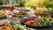 Grill Steak And Fresh Vegetables Salad Served With Dipping Sauces, Fresh Vegetables, Onions And Peppers On Top Of A Wooden Desk Outdoor Garden, Generative, AI