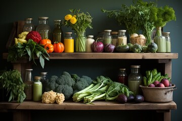 Wall Mural - Rustic wooden pantry shelf adorned with fresh produce, Generative AI