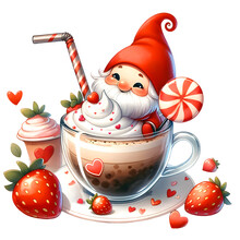 Cute Sweet Gnome And Coffee Cocktail Heart Strawberry. Valentine's Day Illustration 