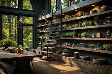 Wall Mural - Walk-in pantry with custom-built wooden shelves, Generative AI