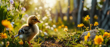 Cute Little Duckling On A Green Meadow With Yellow Flowers. Funny Easter Concept Holiday Animal Greeting Card.