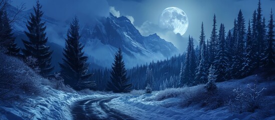 Canvas Print - Mysterious winter path winding through pine forest in mountains at night under full moon.
