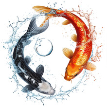 Two Koi Fish That Form A Yin Yang Pattern Are Swimming, With Water Splashing. Transparent Background, PNG File