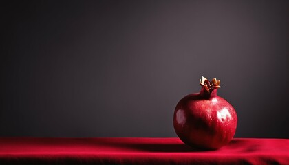 Poster - Single pomegranate on a red table with a coordinating red cloth and a stark black background