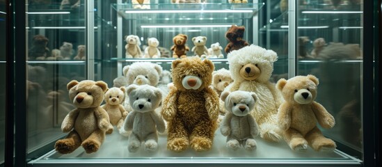 White and brown stuffed animals displayed in a glass case called teddy bears.